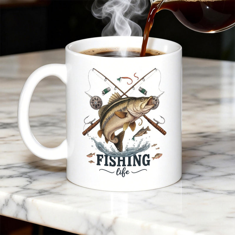 Tailorly White Ceramic 11 oz Mug - Fishing Life Majestic Walleye Jumping Among Crossed Rods And Splashing Water Fish