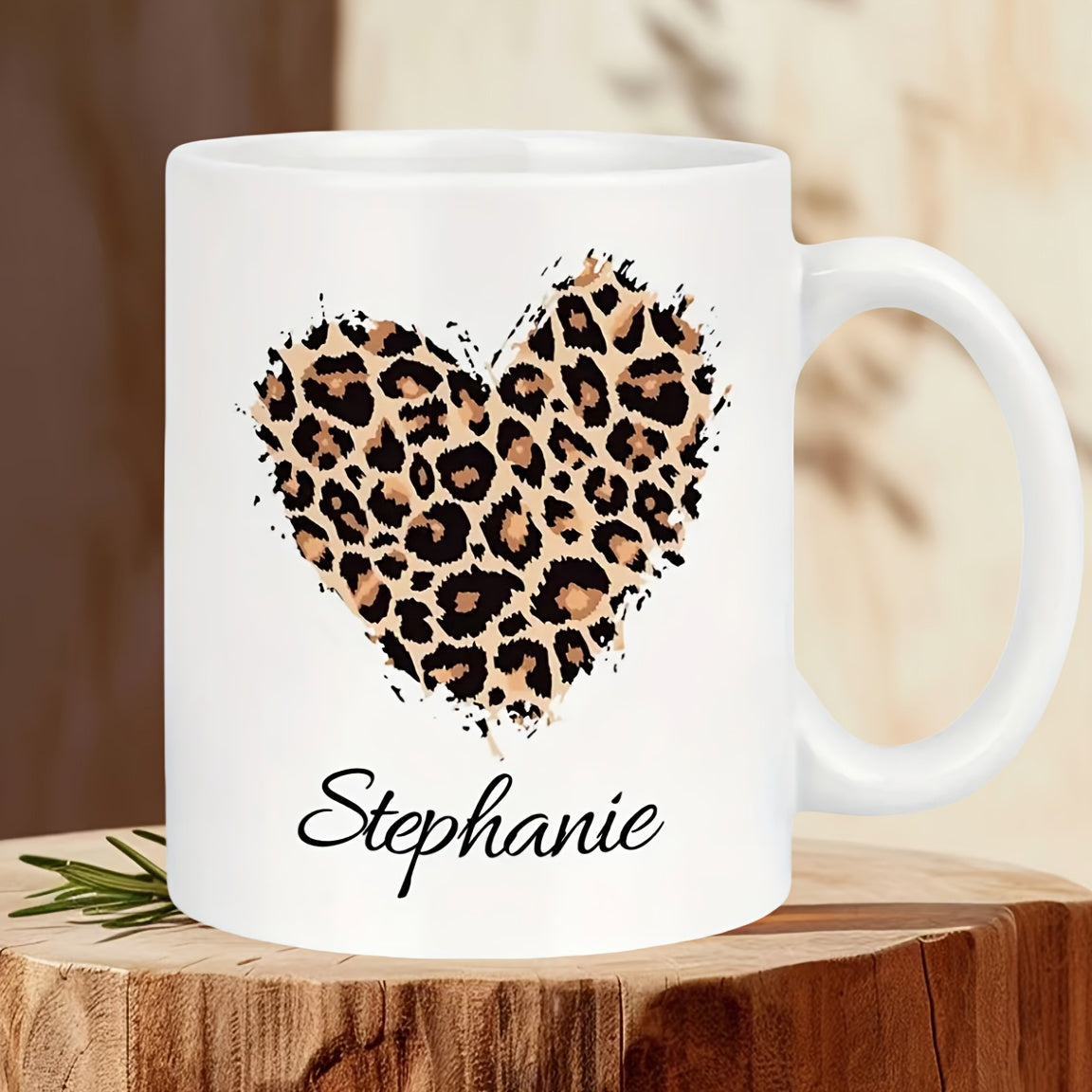 Tailorly White Ceramic 11 oz Mug - Stephanie Leopard Print Texture Contained Within A Graceful Decorative Wildlife Heart