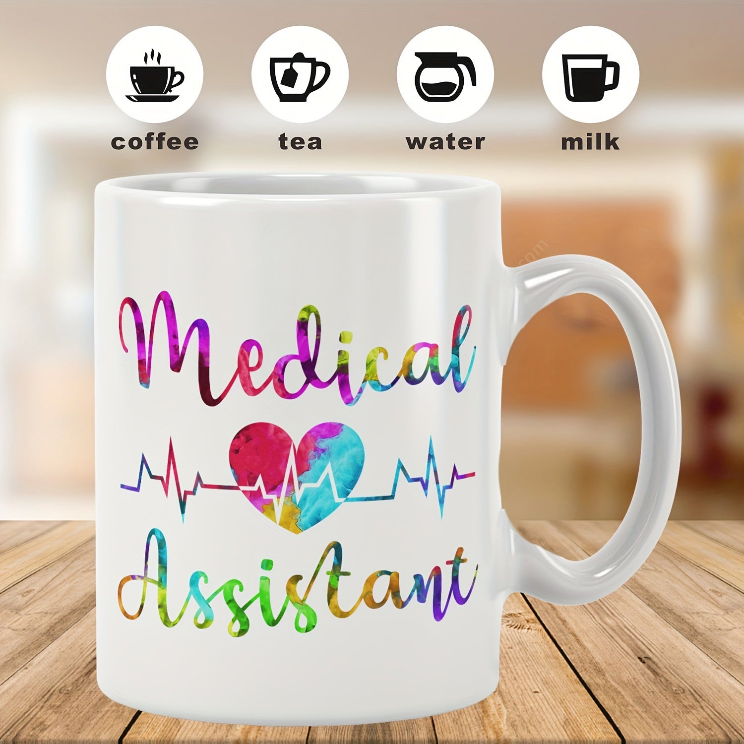 Tailorly White Ceramic 11 oz Mug - Medical Assistant Vibrant Tie Dye Pattern Featuring Heartbeat Rhythm With Colorful Heart