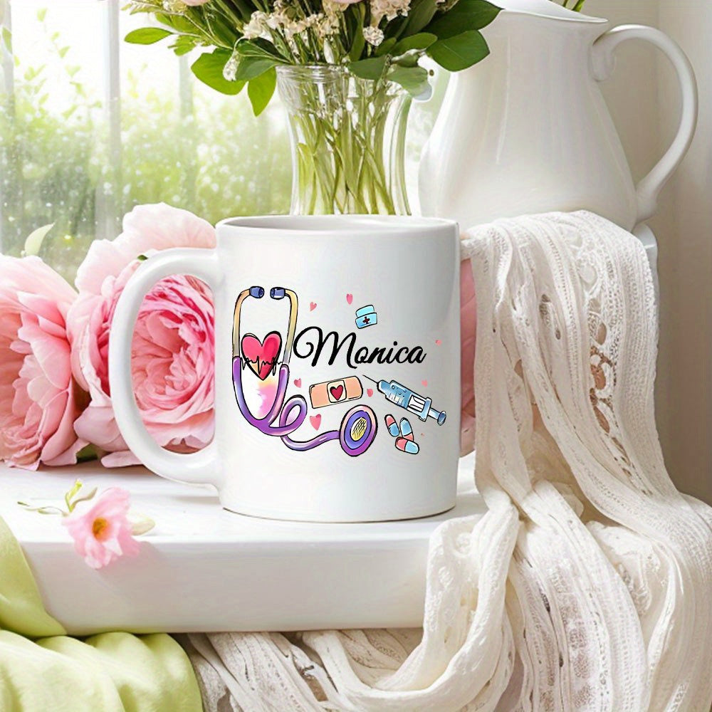 Tailorly White Ceramic 11 oz Mug - Monica Colorful Medical Tools Featuring Heart Syringe And Stethoscope