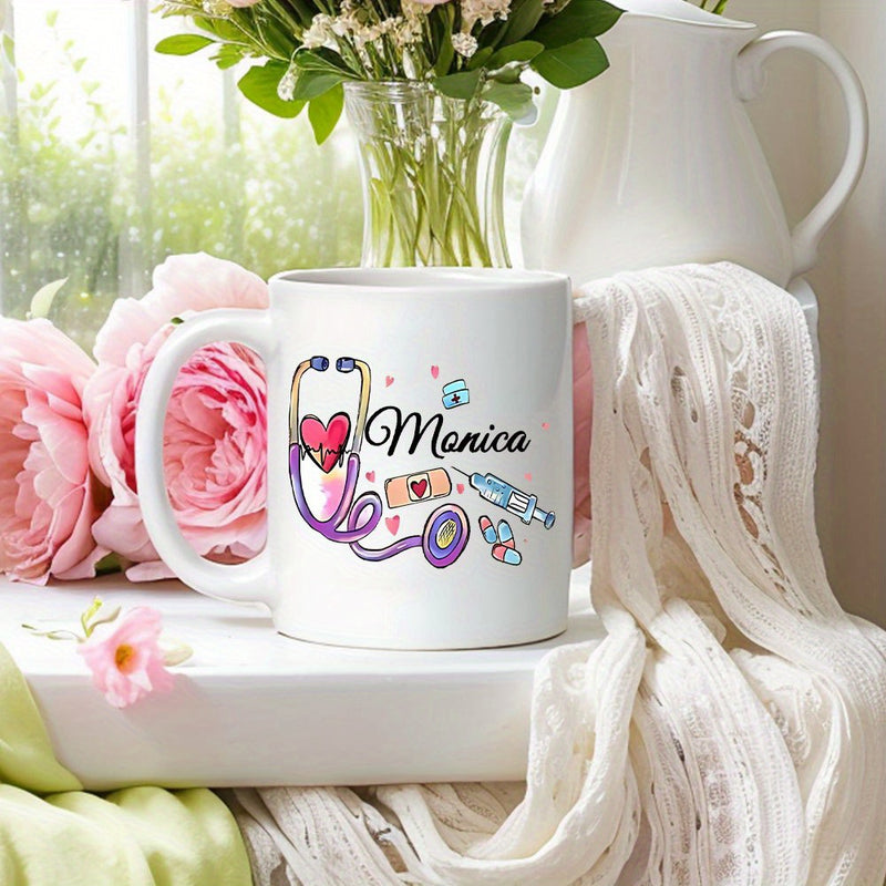 Tailorly White Ceramic 11 oz Mug - Monica Colorful Medical Tools Featuring Heart Syringe And Stethoscope