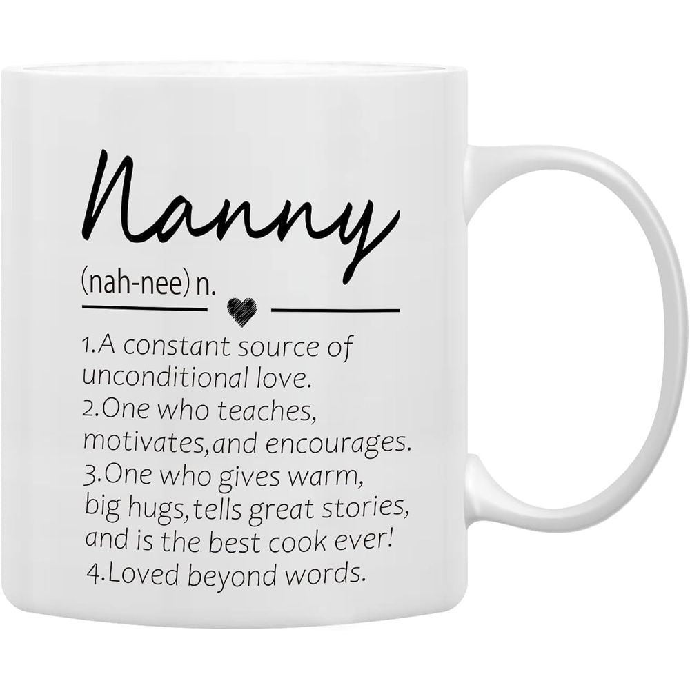 Tailorly White Ceramic 11 oz Mug - Nanny Minimalist Dictionary Style Design With Black Script Typography And Heart Mug