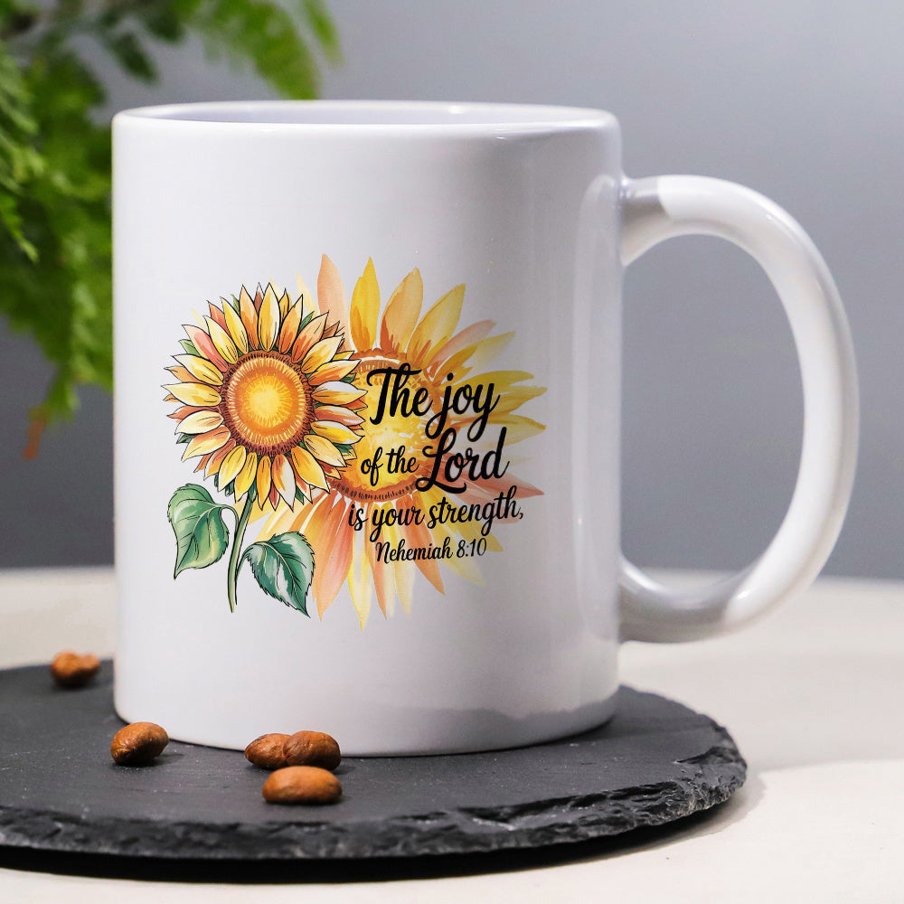Tailorly White Ceramic 11 oz Mug - The Joy Of The Lord Is Your Strength Nehemiah 8 10 Vibrant Yellow Petals Blooming With Green Leaves Under Golden Summer Sun