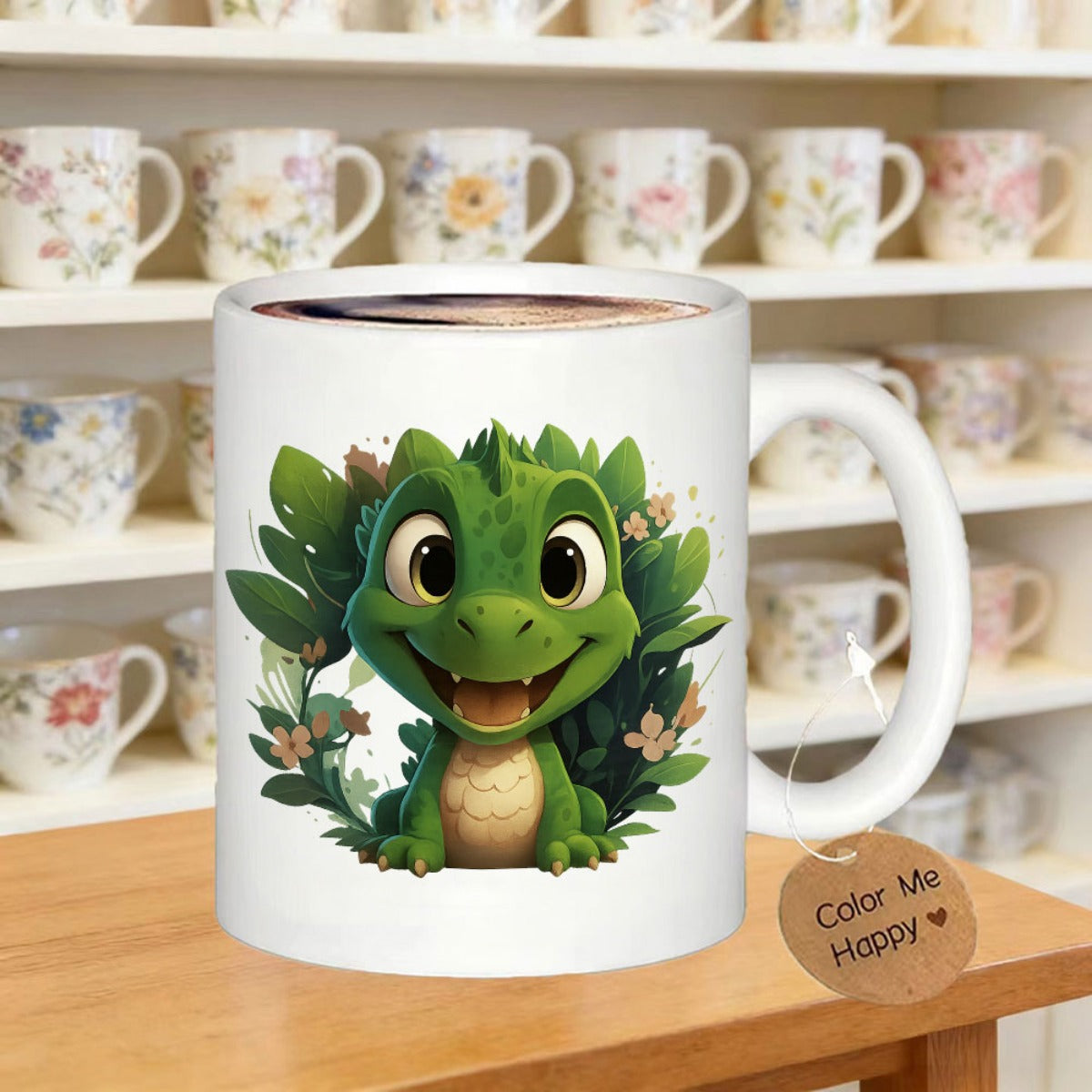 Tailorly White Ceramic 11 oz Mug - Cute Smiling Green Mythical Creature Resting Among Lush Garden Leaves Dragon