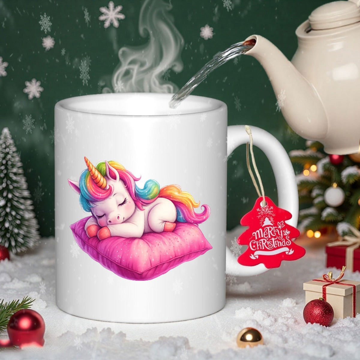 Tailorly White Ceramic 11 oz Mug - Merry Christmas Magical Rainbow Maned Baby Creature Sleeping On Soft Pink Pillow Unicorn