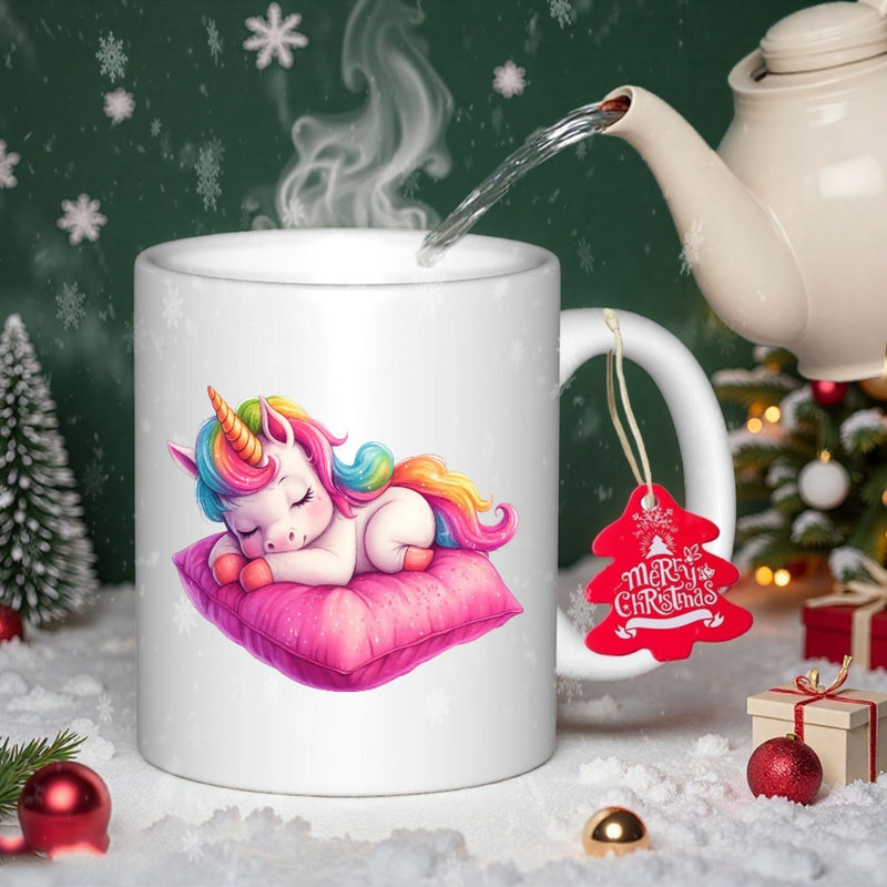 Tailorly White Ceramic 11 oz Mug - Merry Christmas Magical Rainbow Maned Baby Creature Sleeping On Soft Pink Pillow Unicorn