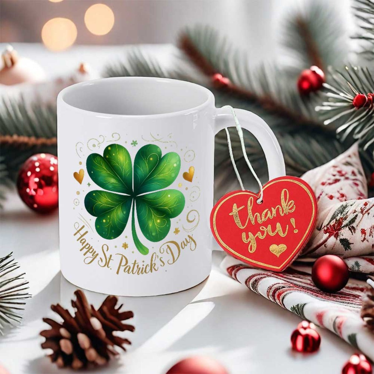 Tailorly White Ceramic 11 oz Mug - Happy St Patricks Day Thank You Vibrant Green Four Leaf Shamrock With Golden Sparkles And Elegant Swirls Clover