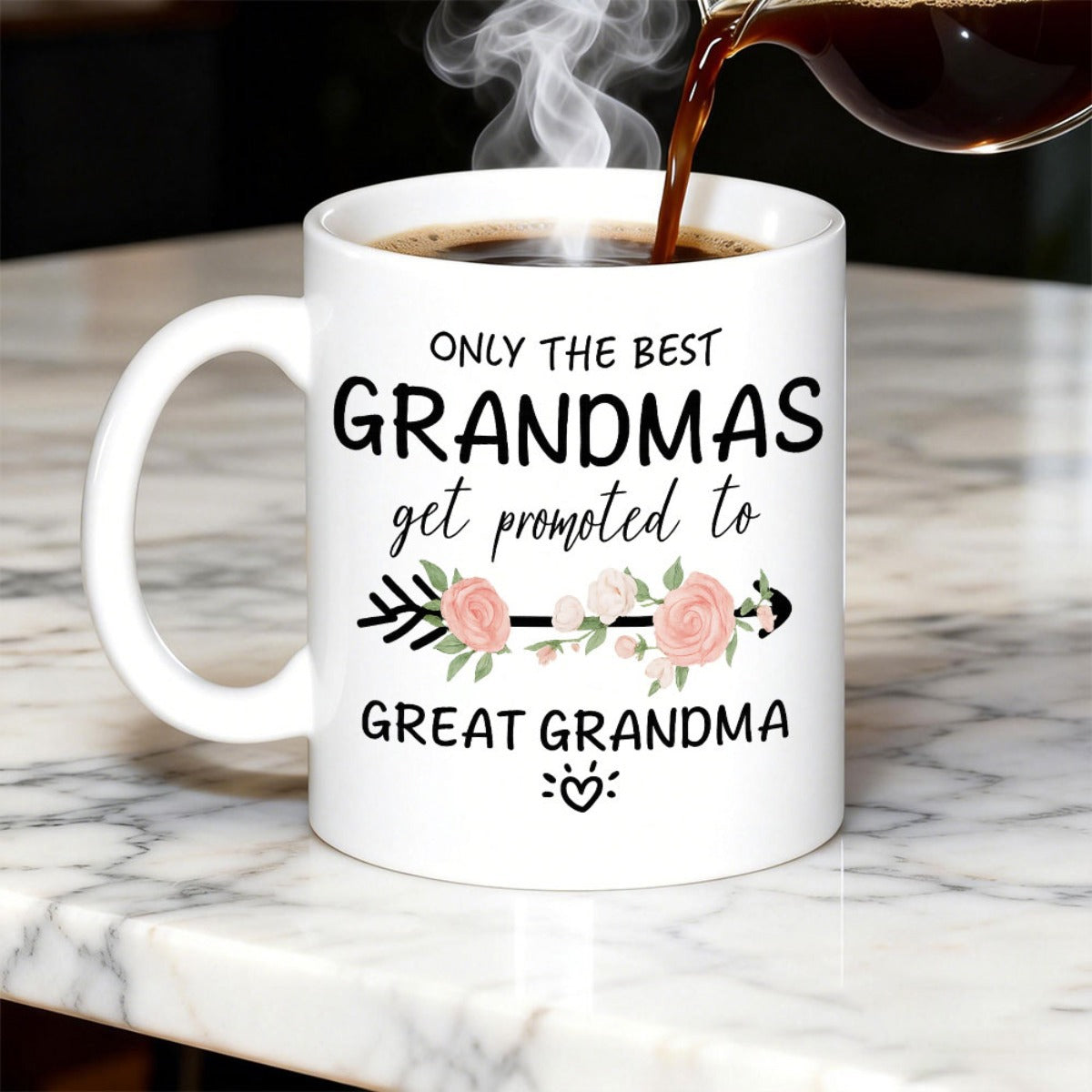 Tailorly White Ceramic 11 oz Mug - Only The Best Grandmas Get Promoted To Great Grandma Elegant Decorative Arrow With Pink Roses And Delicate Green Leaves Arrow