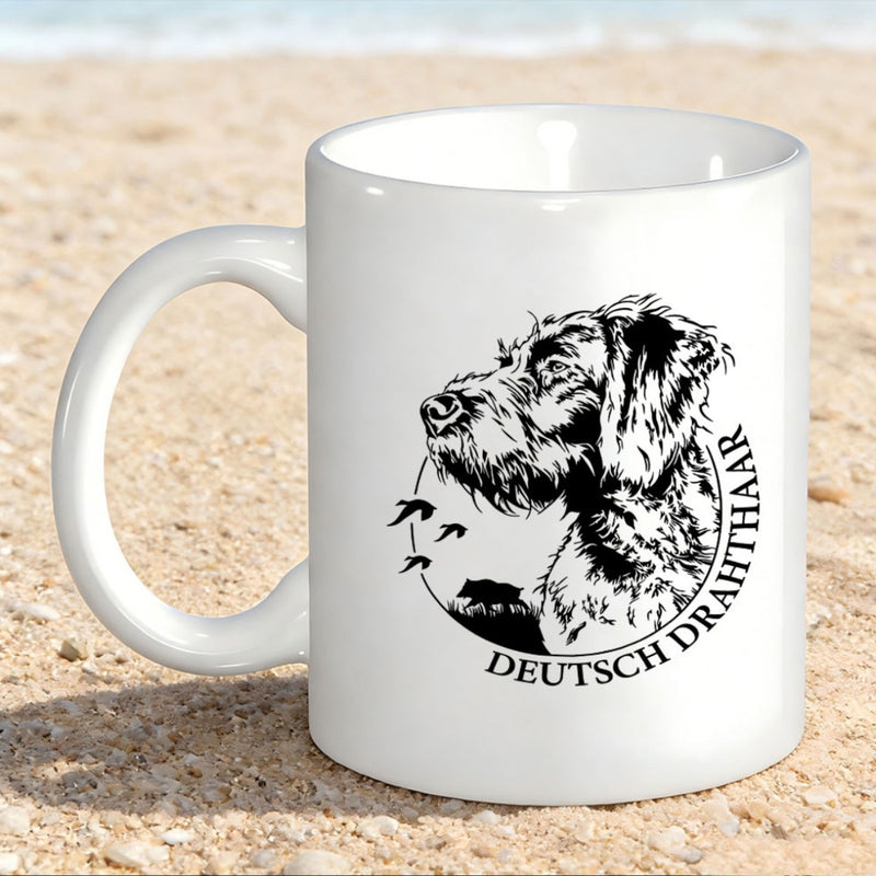 Tailorly White Ceramic 11 oz Mug - Monochrome Artistic Sketch Of Wirehaired Pointer Within Circular Border Dog