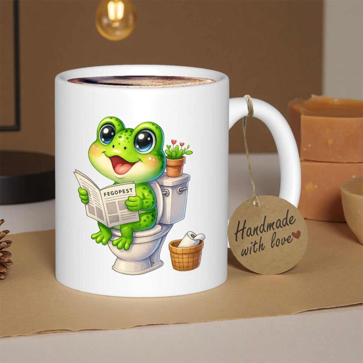 Tailorly White Ceramic 11 oz Mug - Handmade With Love Adorable Green Cartoon Character Sitting On Toilet Reading Newspaper With Potted Plant Frog