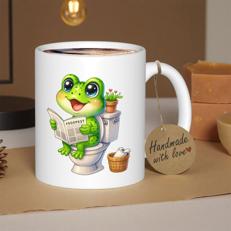 Tailorly White Ceramic 11 oz Mug - Handmade With Love Adorable Green Cartoon Character Sitting On Toilet Reading Newspaper With Potted Plant Frog