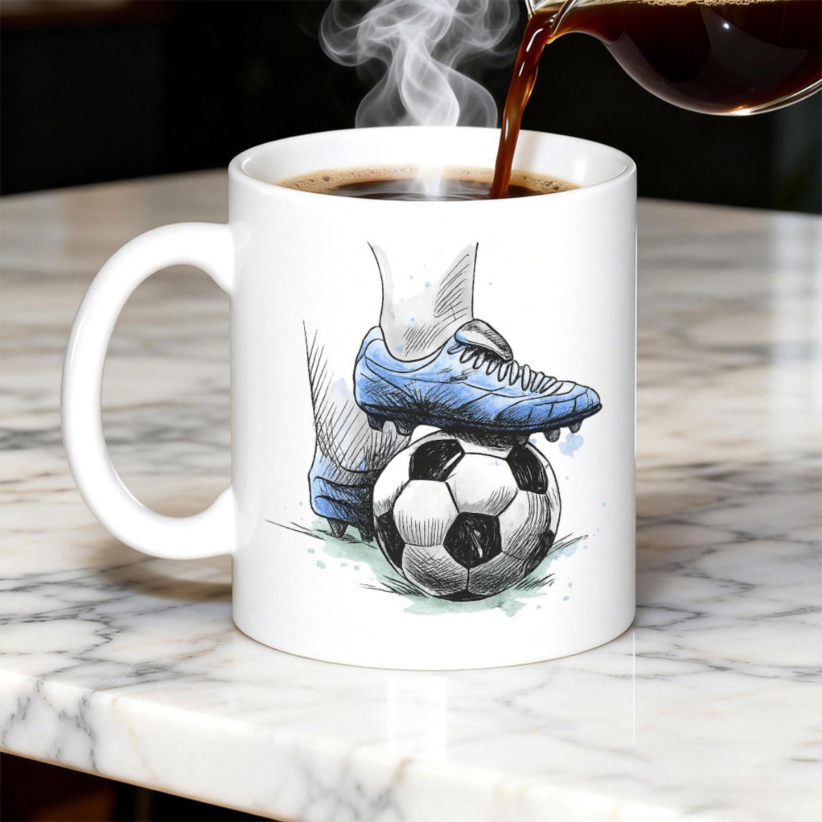 Tailorly White Ceramic 11 oz Mug - Blue Sports Shoe Resting On Classic Black And White Ball Soccer Ball