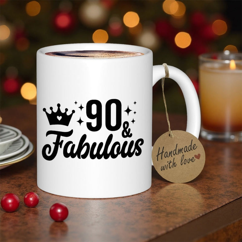 Tailorly White Ceramic 11 oz Mug - 90 Fabulous Elegant Script Font Surrounded By Sparkling Stars And A Royal Tiara Crown