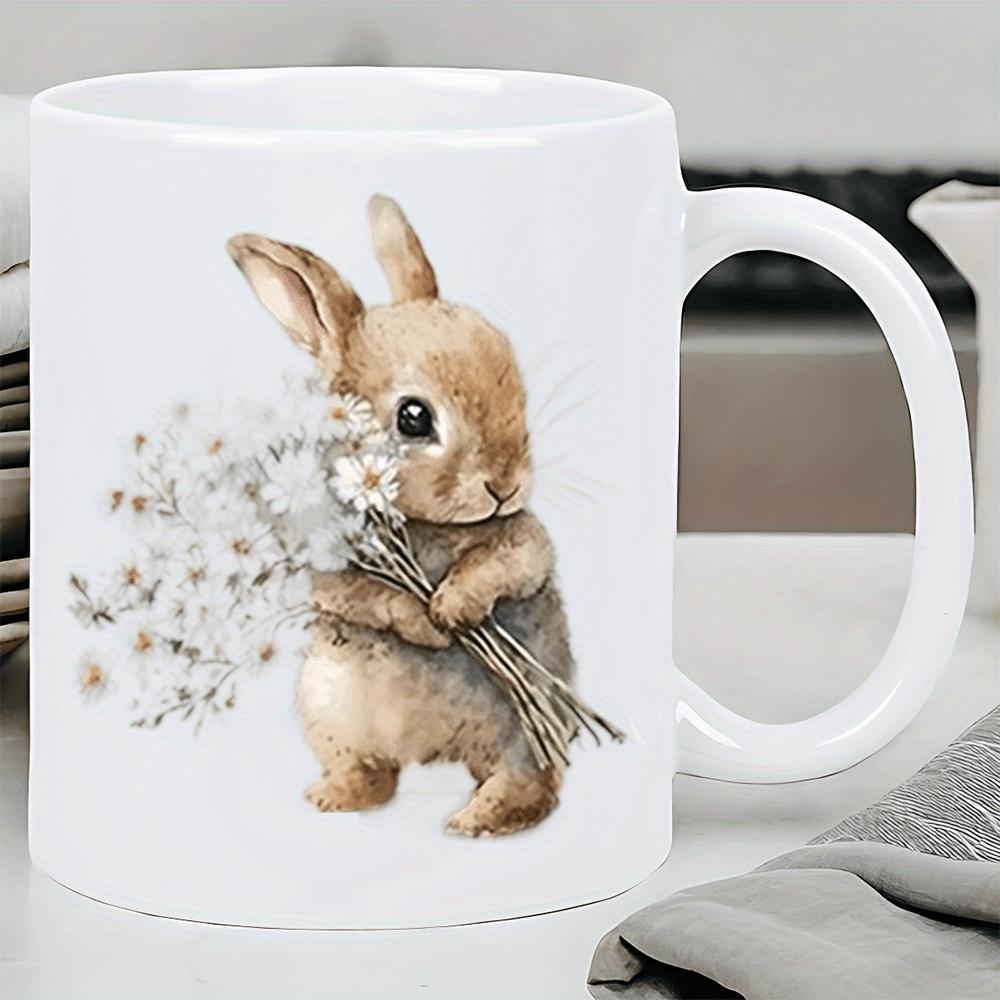 Tailorly White Ceramic 11 oz Mug - Hand Painted Watercolor Bunny Holding A Delicate Bunch Of Spring Flowers Rabbit