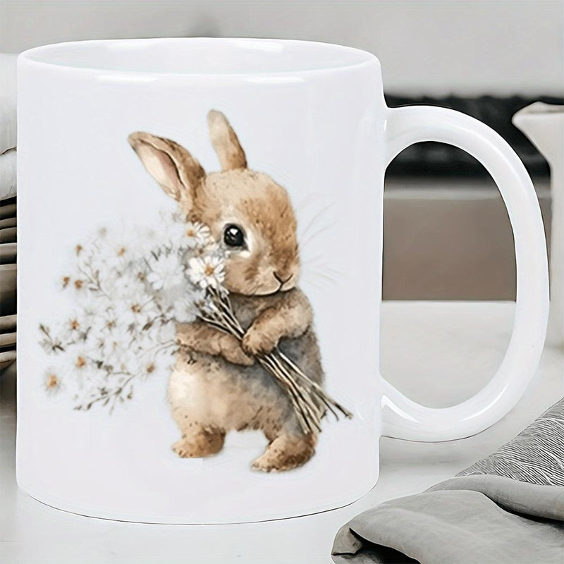 Tailorly White Ceramic 11 oz Mug - Hand Painted Watercolor Bunny Holding A Delicate Bunch Of Spring Flowers Rabbit