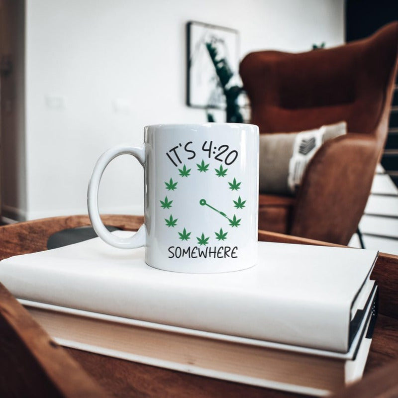 Tailorly White Ceramic 11 oz Mug - Its 420 Somewhere Artistic Green Leaves Arranged In A Circular Pattern Forming Functional Clock