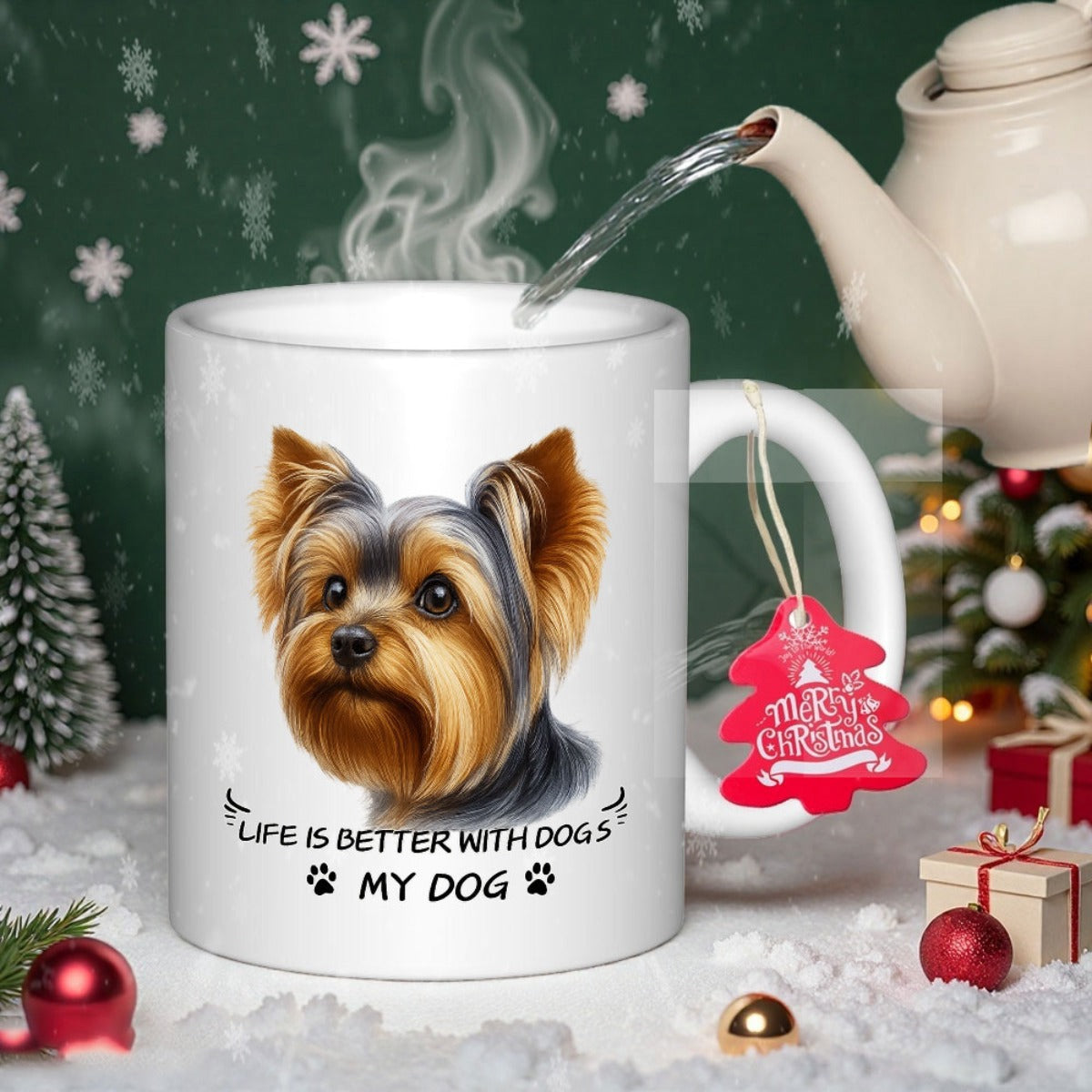 Tailorly White Ceramic 11 oz Mug - Life Is Better With Dogs My Dog Detailed Yorkshire Terrier Illustration Featuring Brown Tan Fur And Perky Ears Dog