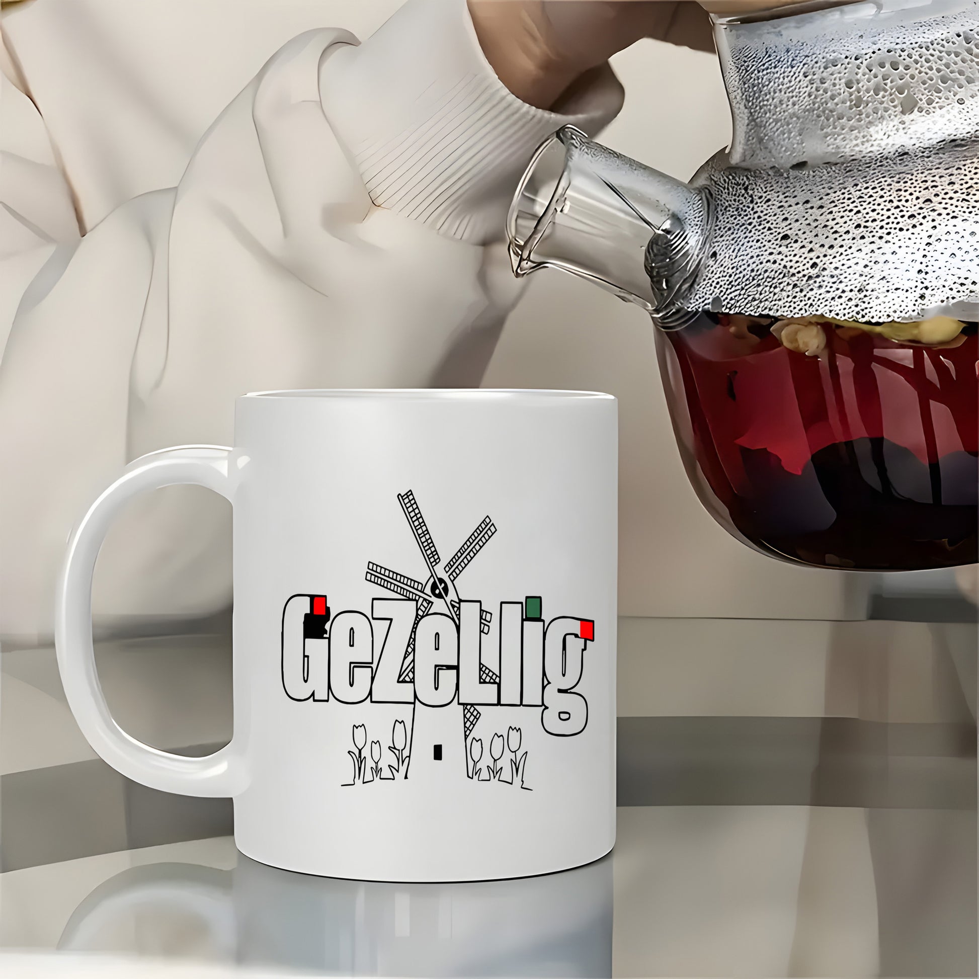 Tailorly White Ceramic 11 oz Mug - Traditional Dutch Windmill Standing Tall Over Small Figures In Line Art Style Windmill