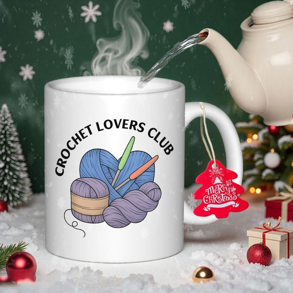 Tailorly White Ceramic 11 oz Mug - Crochet Lovers Club Arched Text Above Colorful Soft Yarn Balls With Metal Hooks Crochet