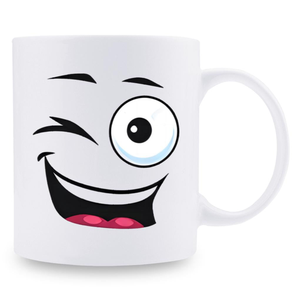 Tailorly White Ceramic 11 oz Mug - Funny Cartoon Winking Face With Wide Open Smile And Expressive Eyebrows Mug