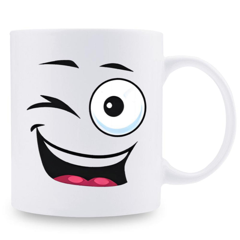 Tailorly White Ceramic 11 oz Mug - Funny Cartoon Winking Face With Wide Open Smile And Expressive Eyebrows Mug