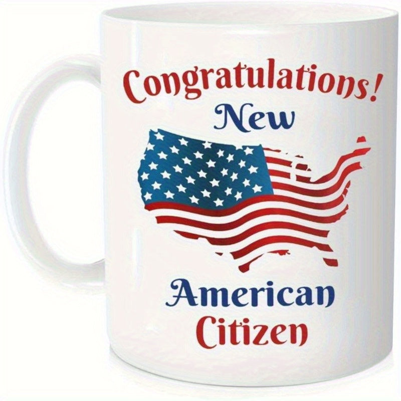 Tailorly White Ceramic 11 oz Mug - Congratulations New American Citizen Patriotic US Map Pattern With Stripes And Stars On