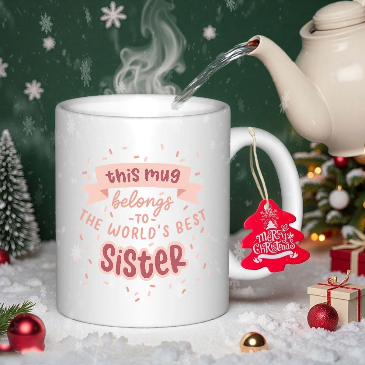 Tailorly White Ceramic 11 oz Mug - This Mug Belongs To The World's Best Sister Elegant Festive Ceramic Design With Steam Rising From A Classic Mug