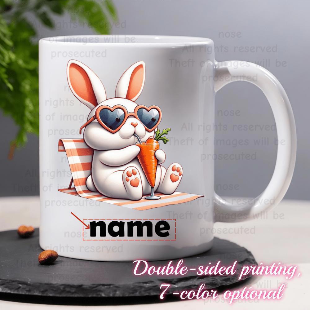 Tailorly White Ceramic 11 oz Mug - Name Cute Cartoon Rabbit Wearing Heart Sunglasses While Holding A Fresh Carrot Rabbit