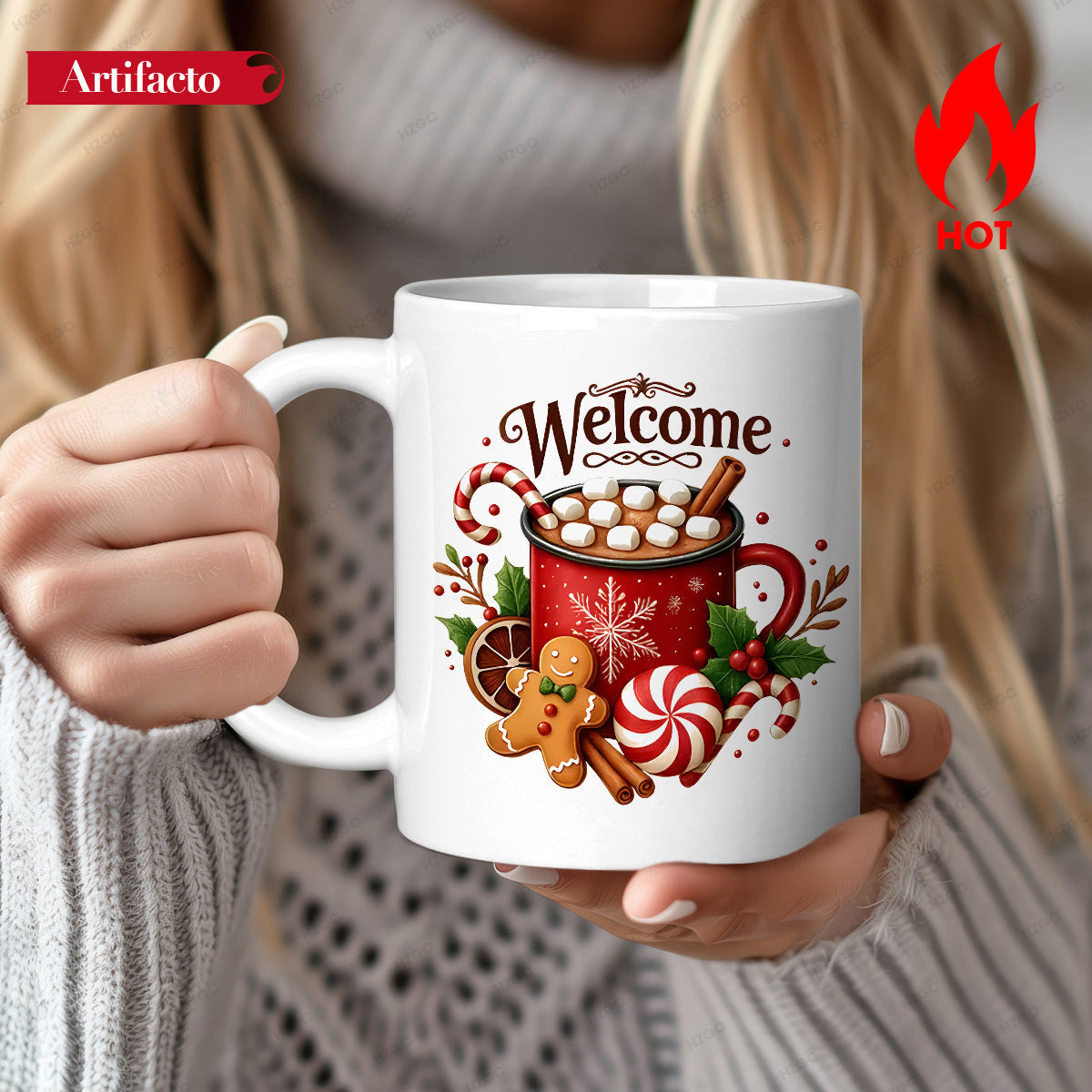 Tailorly White Ceramic 11 oz Mug - Welcome Festive Red Cup With Gingerbread Man And Holiday Candy Treats Mug