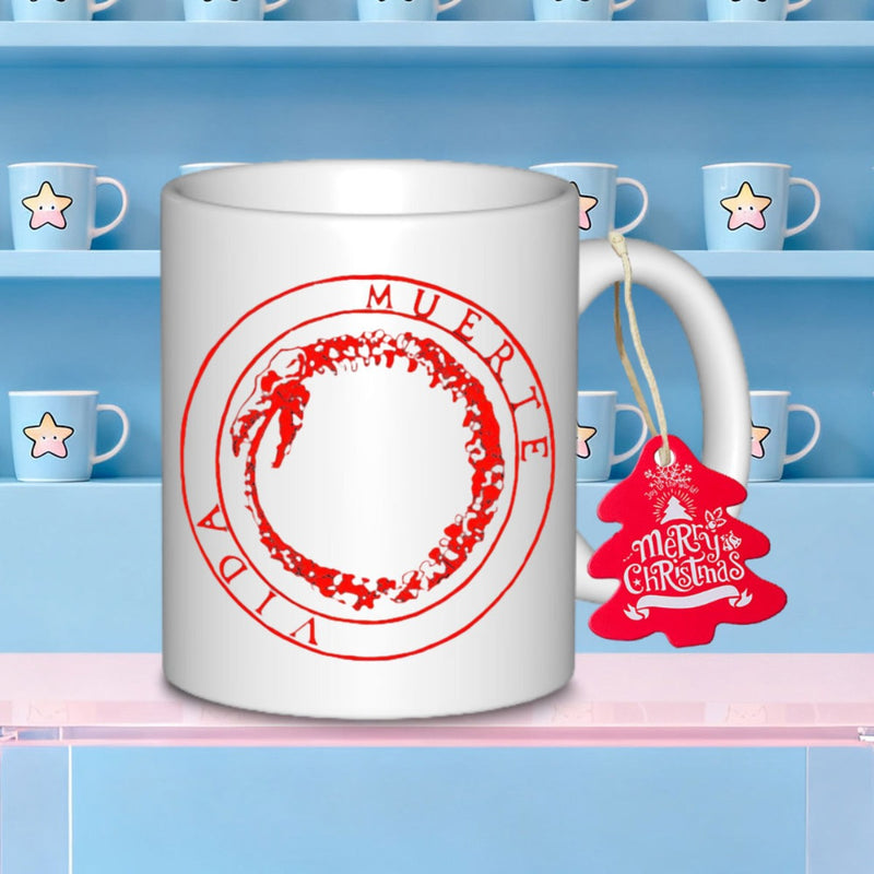 Tailorly White Ceramic 11 oz Mug - Merry Christmas Vibrant Red Circular Textured Stamp With Double Border Outlines Circle