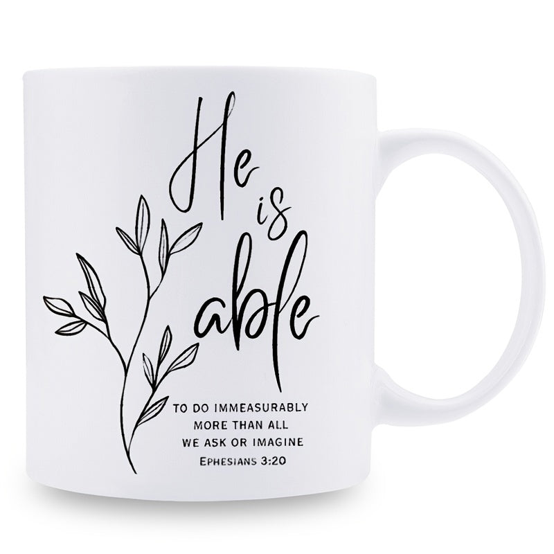 Tailorly White Ceramic 11 oz Mug - He Is Able To Do Immeasurably More Than All We Ask Or Imagine Ephesians 3 20 Minimalist Black Line Art Design Featuring Delicate