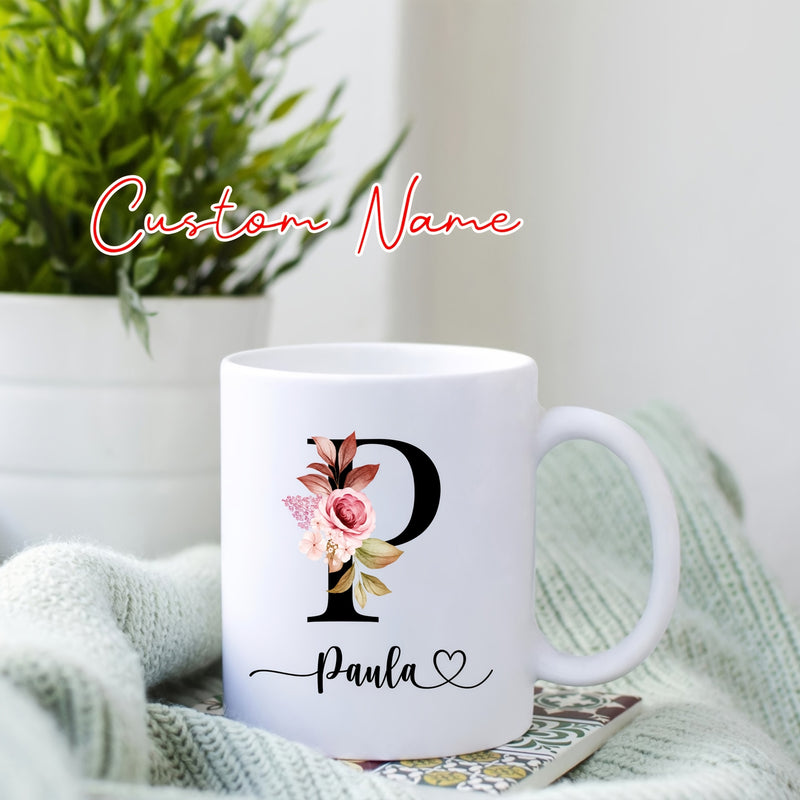Tailorly White Ceramic 11 oz Mug - Paula Elegant Serif Letter P With Blooming Pink Roses And Autumn Leaves Letter