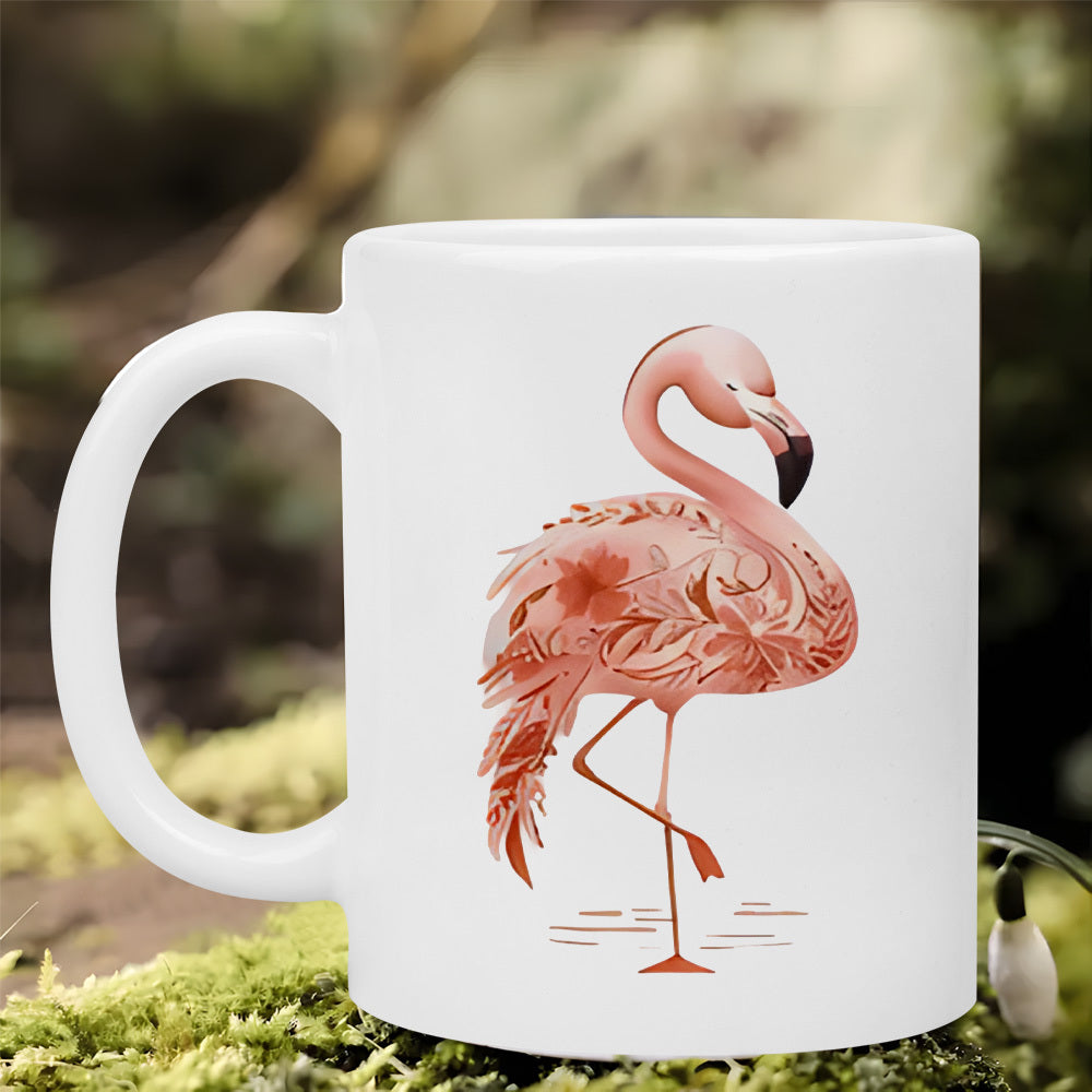 Tailorly White Ceramic 11 oz Mug - Graceful Pink Tropical Bird With Elegant Floral Patterns Standing Alone Flamingo