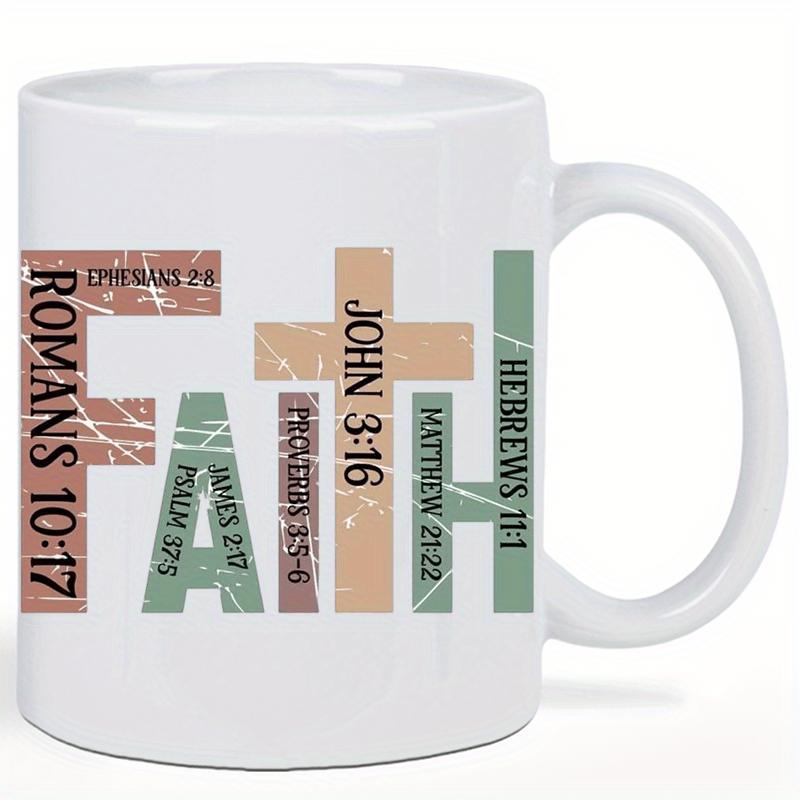 Tailorly White Ceramic 11 oz Mug - Faith Romans Ephesians James Psalm Proverbs John Matthew Hebrews Distressed Vintage Style Block Letters With Colorful Textures