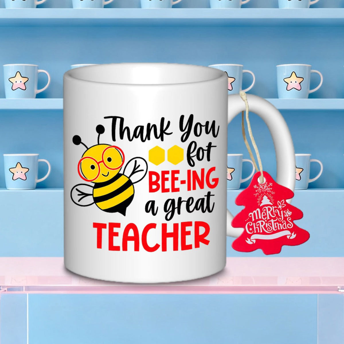 Tailorly White Ceramic 11 oz Mug - Thank You For Bee Ing A Great Teacher Cute Cartoon Honeybee Wearing Red Glasses Near Golden Hexagon Honeycomb Bee