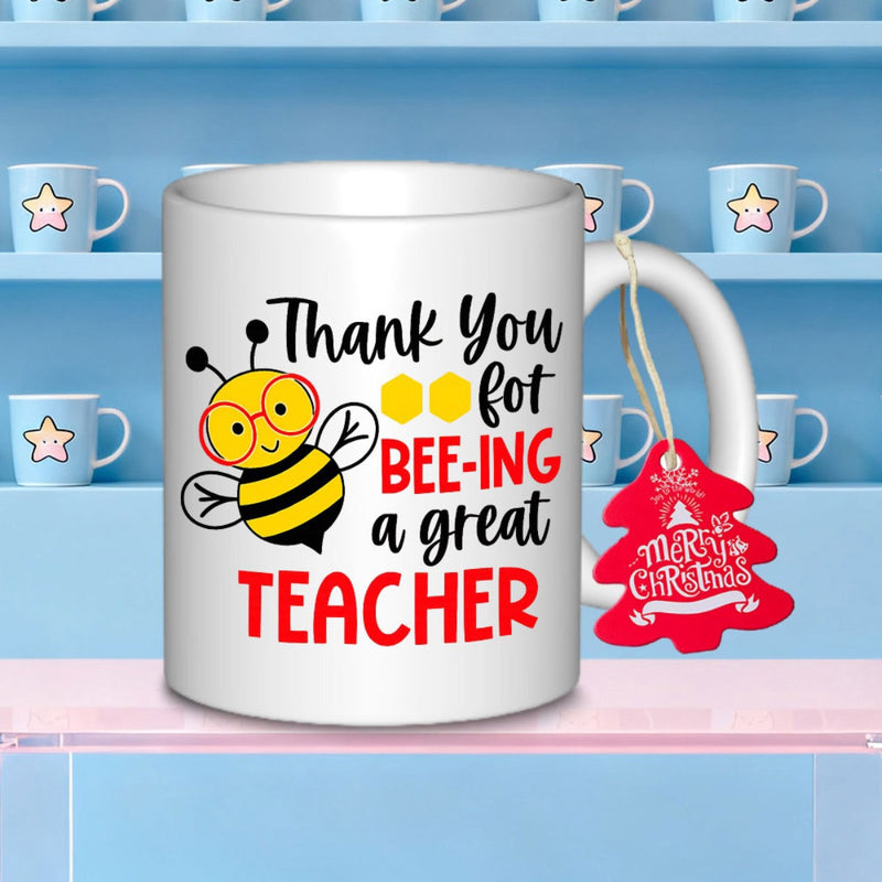 Tailorly White Ceramic 11 oz Mug - Thank You For Bee Ing A Great Teacher Cute Cartoon Honeybee Wearing Red Glasses Near Golden Hexagon Honeycomb Bee