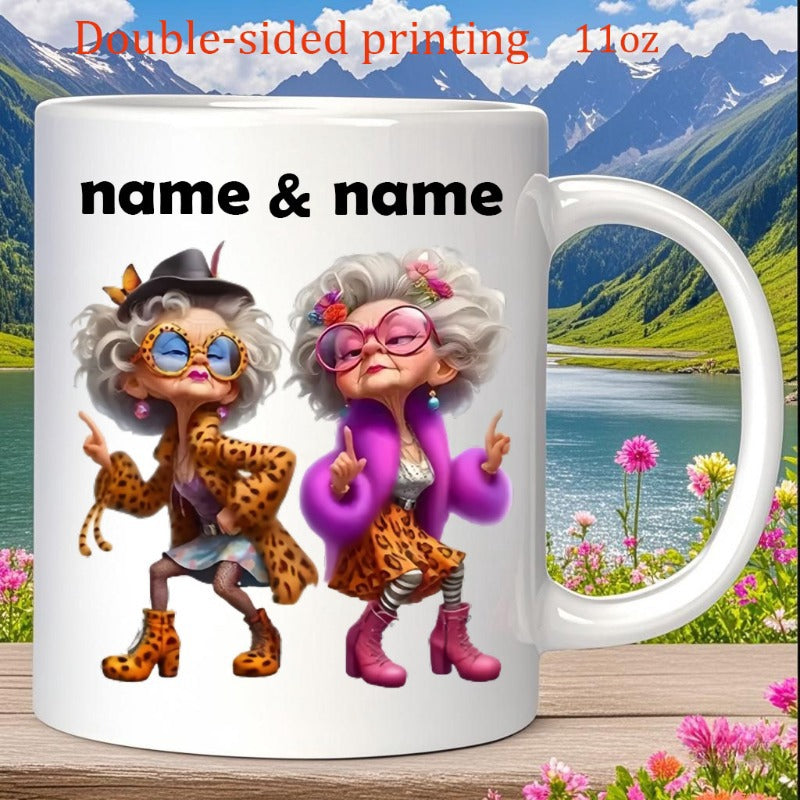 Tailorly White Ceramic 11 oz Mug - Name Name Two Stylish Elderly Ladies Dancing Joyfully In Fashionable Colorful Outfits Grandmothers