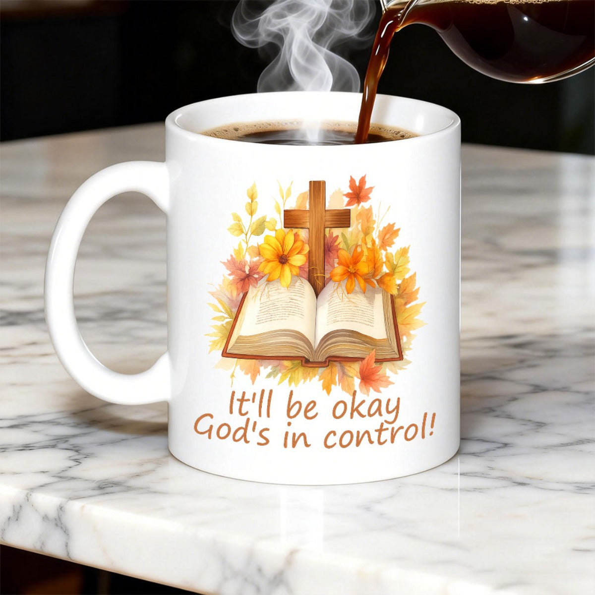 Tailorly White Ceramic 11 oz Mug - Itll Be Okay Gods In Control An Open Bible With Autumn Leaves And Vibrant Flowers Below A Wooden Cross