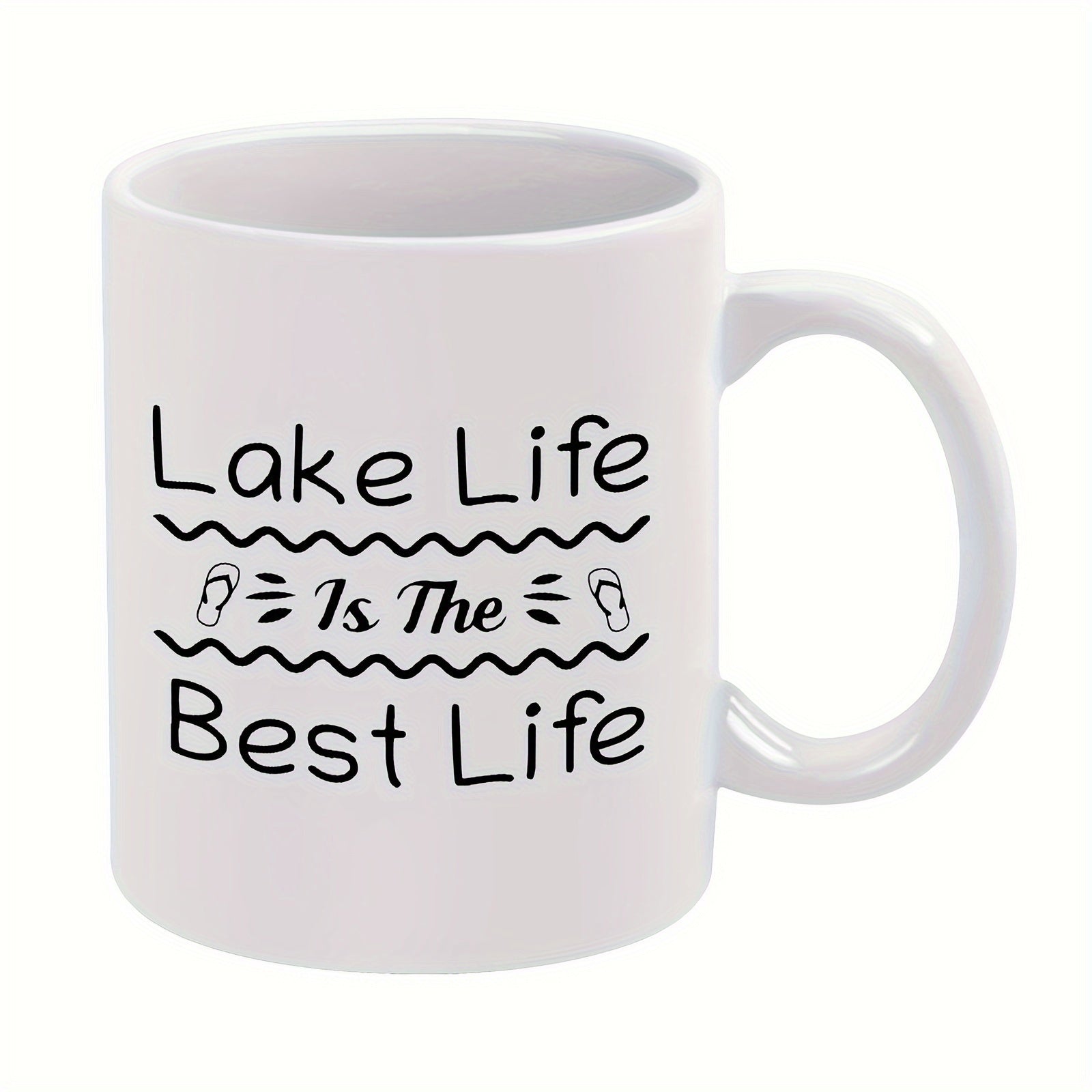 Tailorly White Ceramic 11 oz Mug - Lake Life Is The Best Life Minimalist Black Wavy Lines And Simple Stylized Summer Beach Sandals Flip Flops