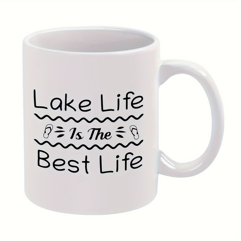 Tailorly White Ceramic 11 oz Mug - Lake Life Is The Best Life Minimalist Black Wavy Lines And Simple Stylized Summer Beach Sandals Flip Flops