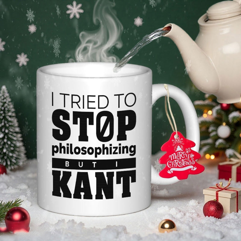 Tailorly White Ceramic 11 oz Mug - I Tried To Stop Philosophizing But I Kant Minimalist White Ceramic Cup Resting On Snow Near Festive Holiday Decorations Mug