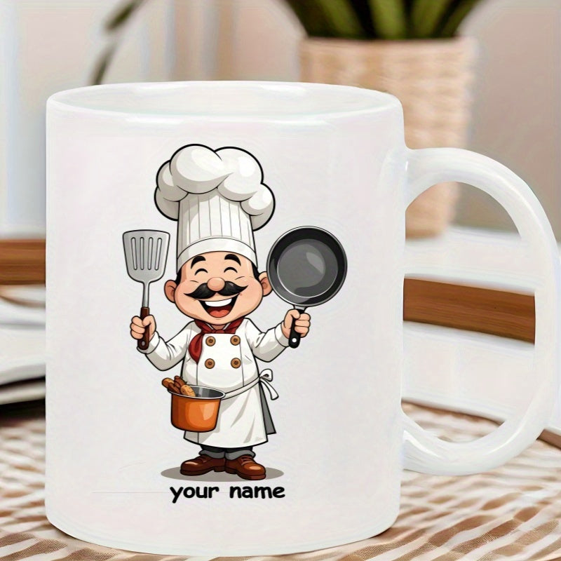 Tailorly White Ceramic 11 oz Mug - Your Name Happy Cartoon Cook Holding A Spatula And Frying Pan Wearing Hat Chef