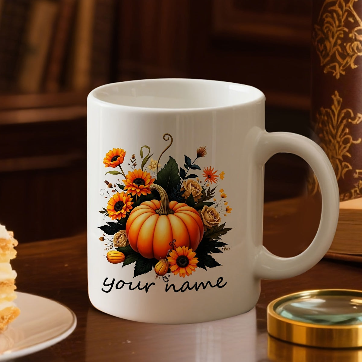 Tailorly White Ceramic 11 oz Mug - Your Name Rustic Autumn Harvest With Golden Sunflowers And Dark Green Foliage Pumpkin