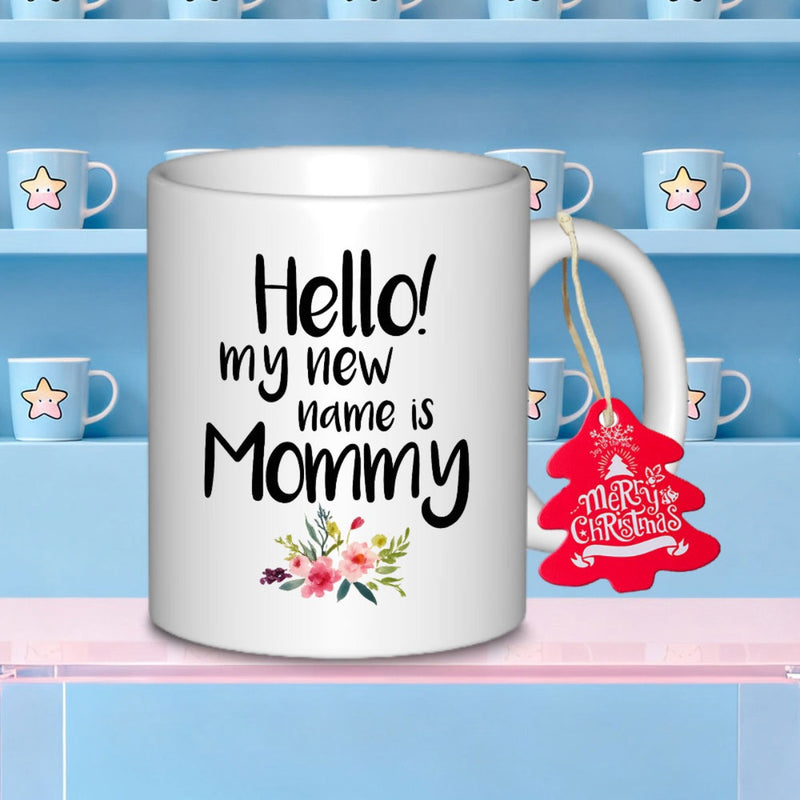 Tailorly White Ceramic 11 oz Mug - Hello My New Name Is Mommy Merry Christmas Polished With Delicate Colorful Garden Flower Bouquet Decorations Mug