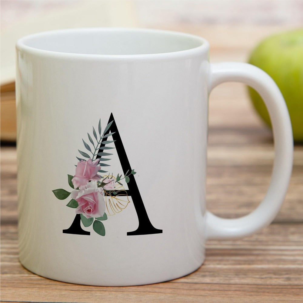 Tailorly White Ceramic 11 oz Mug - A Elegant Serif Style Decorated With Pink Roses And Green Leaves Letter