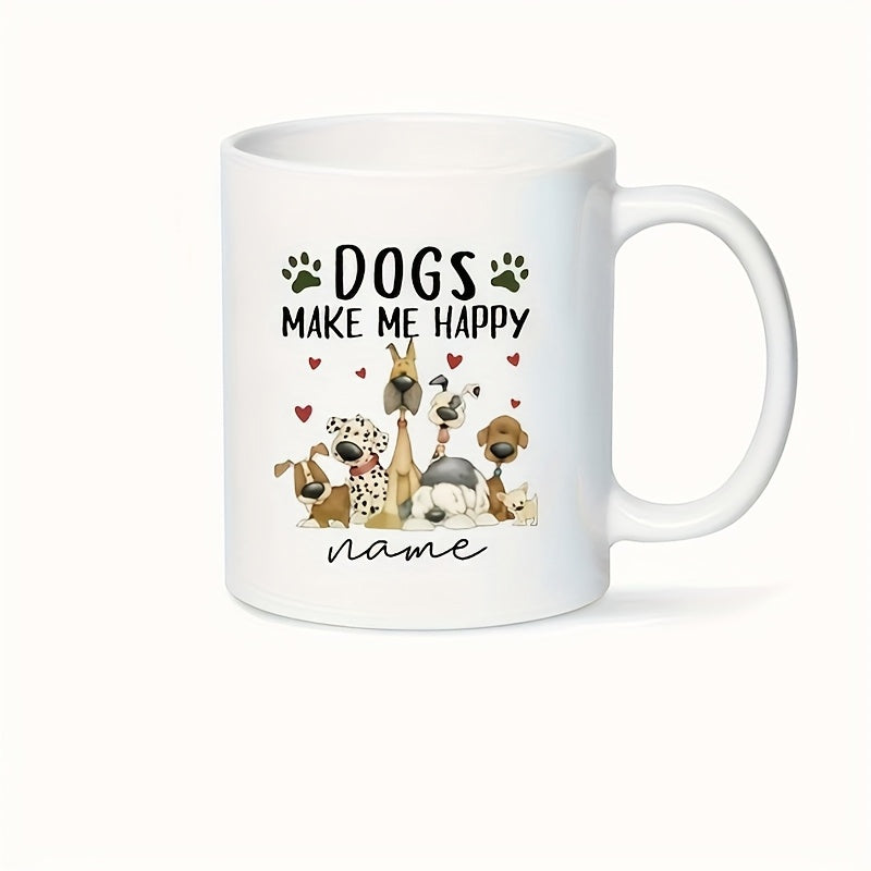 Tailorly White Ceramic 11 oz Mug - Dogs Make Me Happy Adorable Cartoon Group Of Various Breeds Surrounded By Small Red Hearts Dog