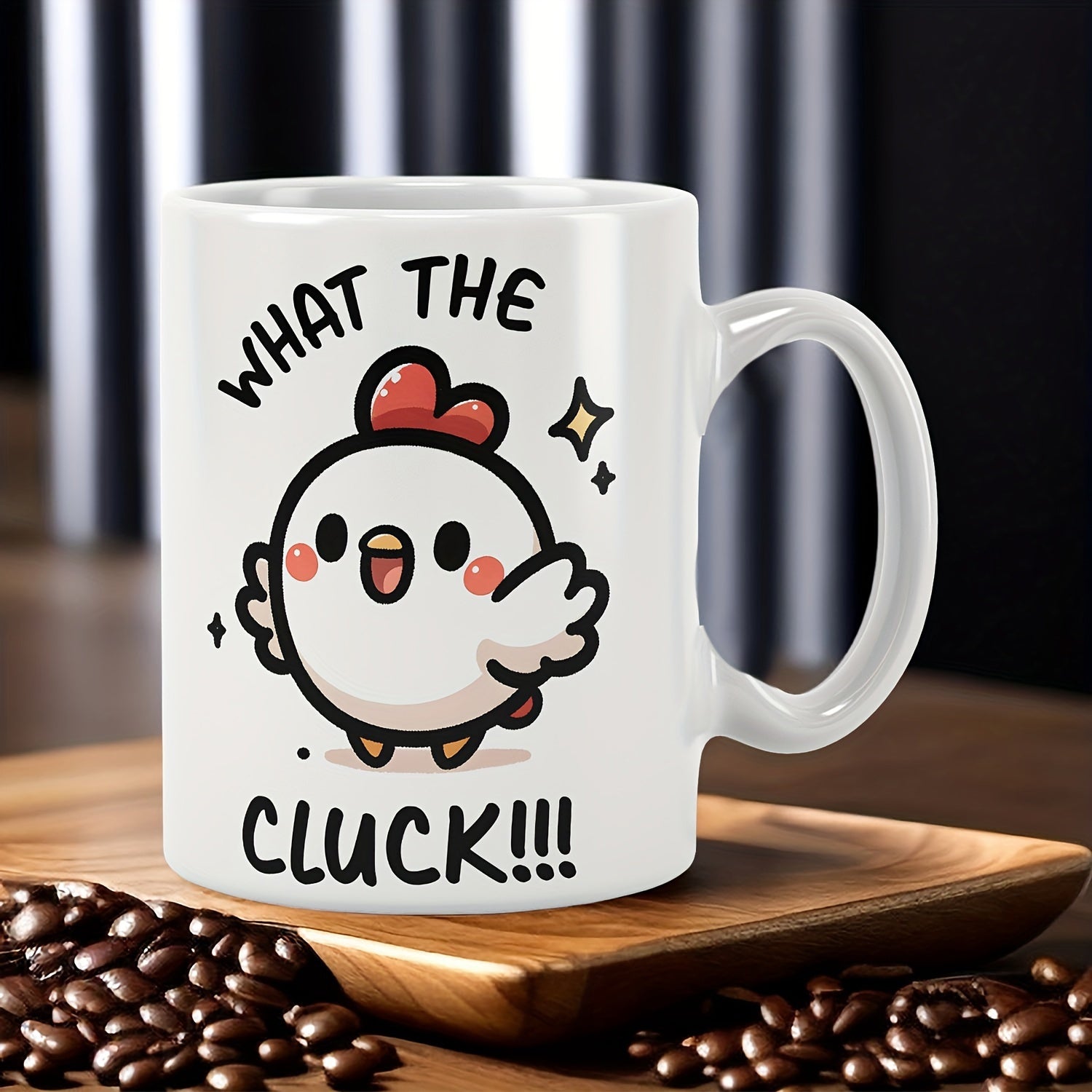 Tailorly White Ceramic 11 oz Mug - What The Cluck Adorable Round White Bird Dancing Joyfully Among Shimmering Golden Star Sparkles Chicken