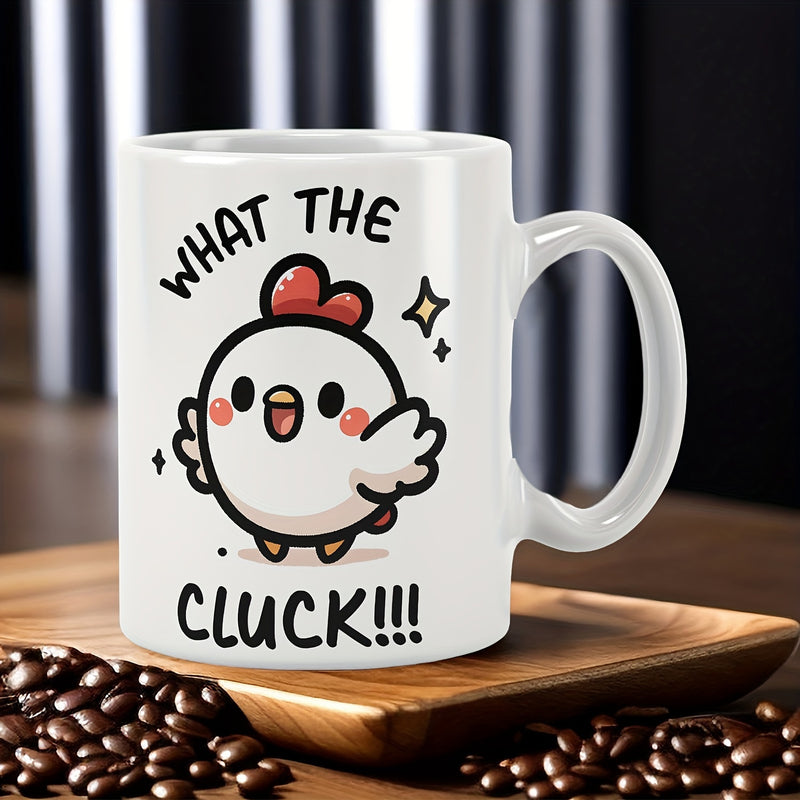Tailorly White Ceramic 11 oz Mug - What The Cluck Adorable Round White Bird Dancing Joyfully Among Shimmering Golden Star Sparkles Chicken