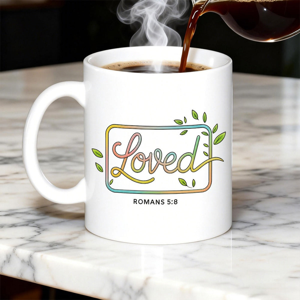 Tailorly White Ceramic 11 oz Mug - Loved Romans 5 8 Artistic Colorful Cursive Script With Elegant Sprouting Green Leaves Sign