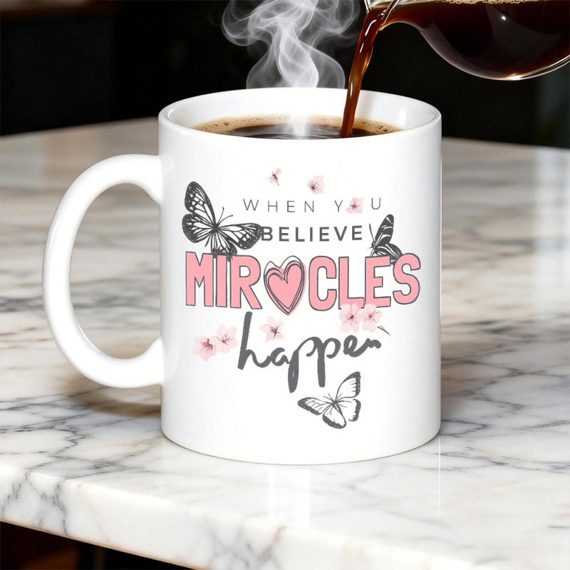 Tailorly White Ceramic 11 oz Mug - When You Believe Miracles Happen Delicate Flying Butterflies Among Floating Pink Cherry Blossom Petals With Heart